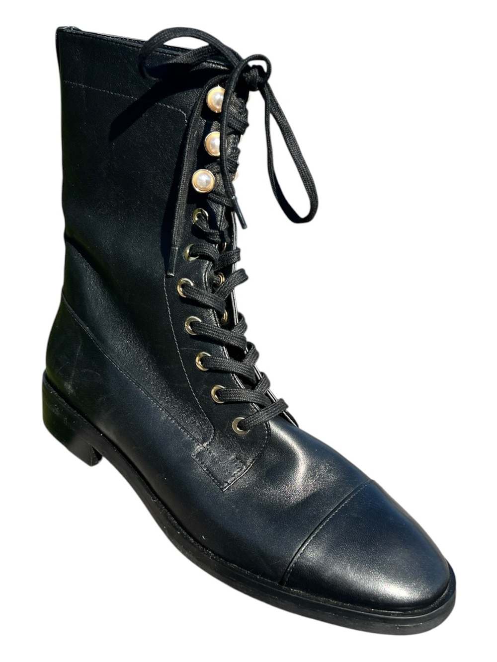 Staurt Weitzman Laine Black Leather Ankle Boots Combat Pearl Detail Size 8.5
